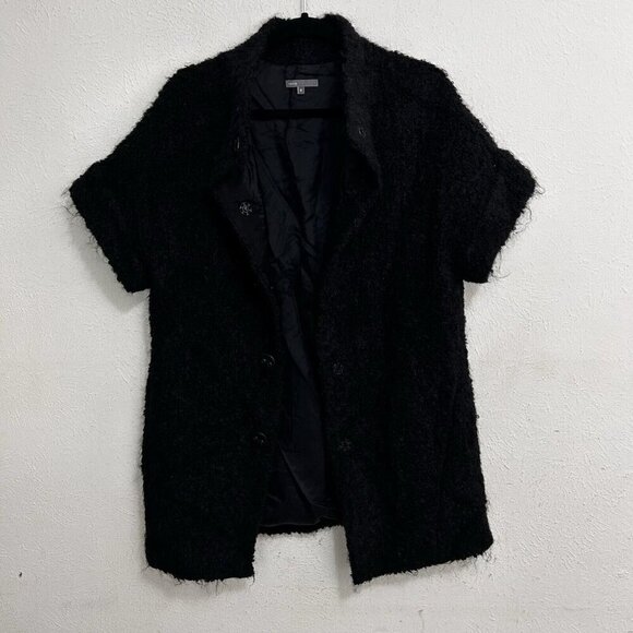 VINCE Sz M Alpaca Mohair Button Cardigan Sweater Coat Black Short Sleeve Woolly - Picture 8 of 12